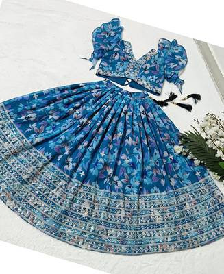 Teal faux georgette with beautiful digital printed & sequins embroidered work lehenga choli for kids 2