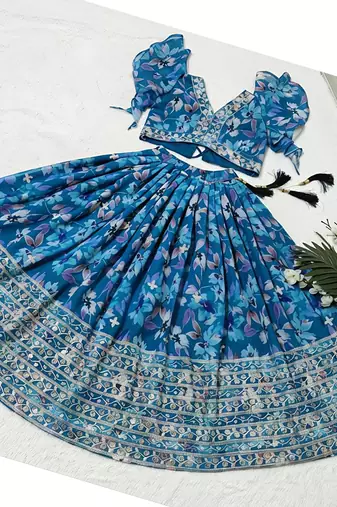 Teal faux georgette with beautiful digital printed & sequins embroidered work lehenga choli for kids