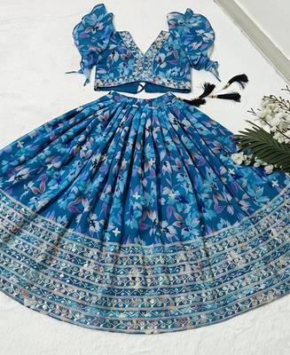 Teal faux georgette with beautiful digital printed & sequins embroidered work lehenga choli for kids 3