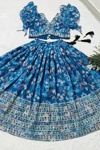 Teal faux georgette with beautiful digital printed & sequins embroidered work lehenga choli for kids