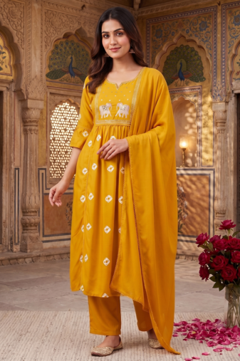 elephant embroidery bandhani kurti set with dupatta