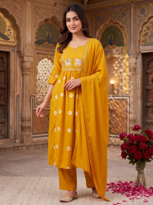 elephant embroidery bandhani kurti set with dupatta 1