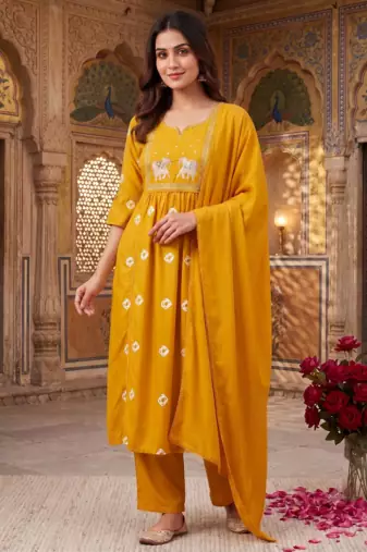elephant embroidery bandhani kurti set with dupatta