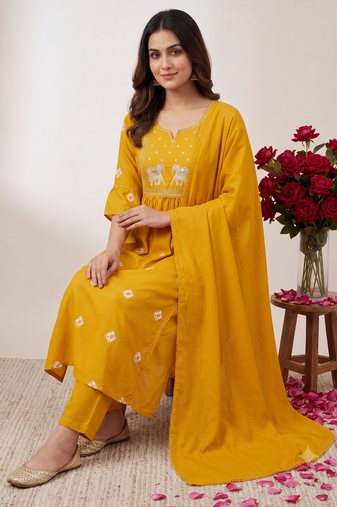 Elephant embroidery bandhani kurti set with dupatta