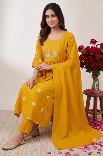 Elephant embroidery bandhani kurti set with dupatta