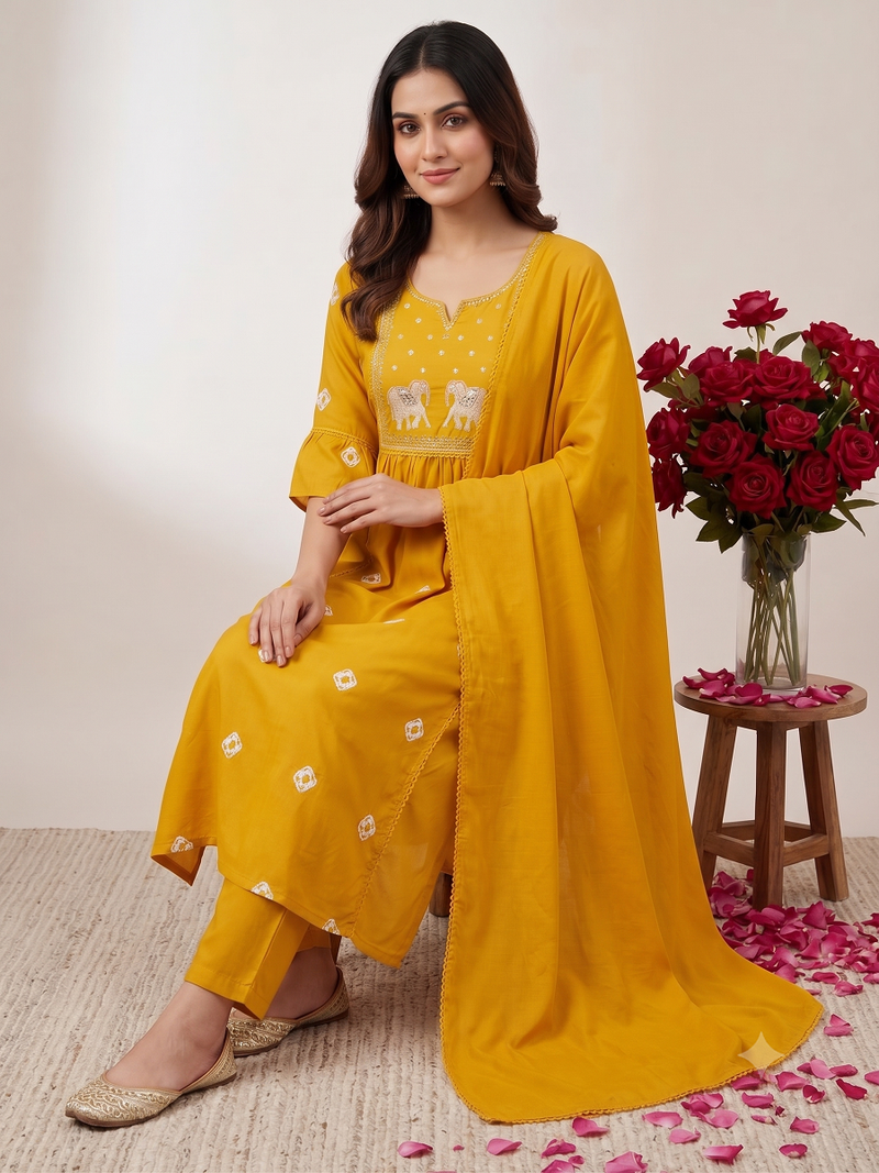 Elephant embroidery bandhani kurti set with dupatta