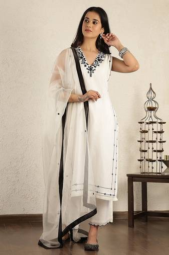 off- white mirror work embroidered chanderi suit- set of 3