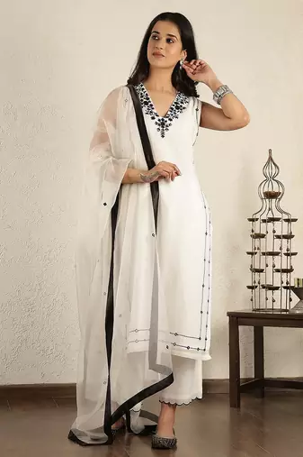 Off- white mirror work embroidered chanderi suit- set of 3