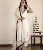 Off- white mirror work embroidered chanderi suit- set of 3