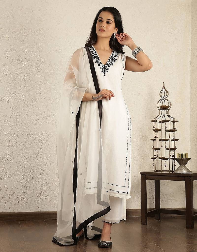 Off- white mirror work embroidered chanderi suit- set of 3