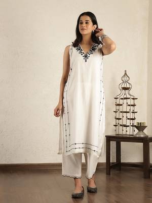 Off- white mirror work embroidered chanderi suit- set of 3 2