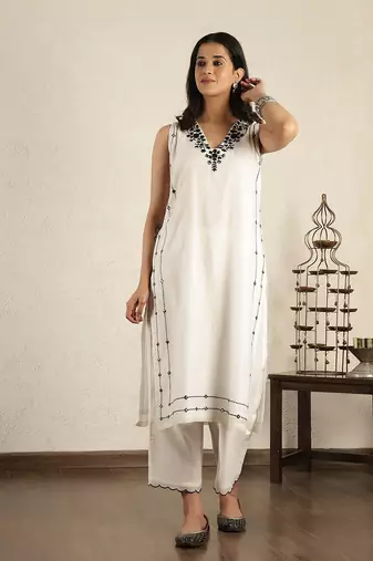 Off- white mirror work embroidered chanderi suit- set of 3