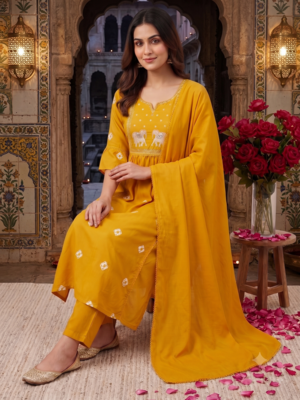 elephant embroidery bandhani kurti set with dupatta 2