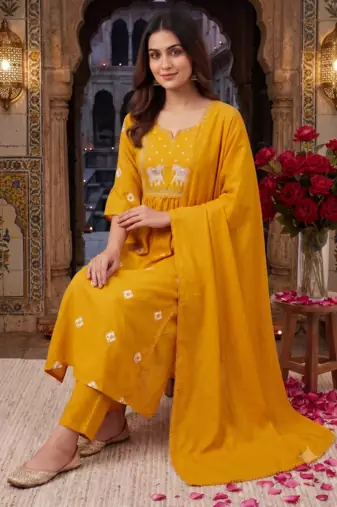 elephant embroidery bandhani kurti set with dupatta