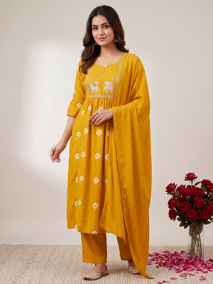 Elephant embroidery bandhani kurti set with dupatta 2