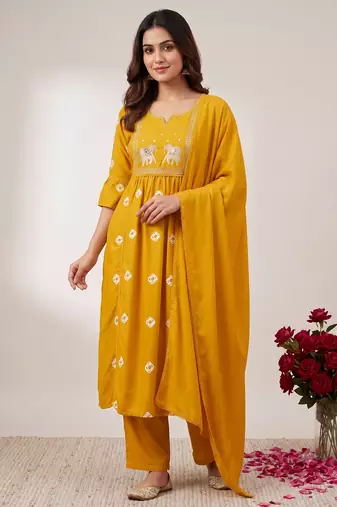 Elephant embroidery bandhani kurti set with dupatta