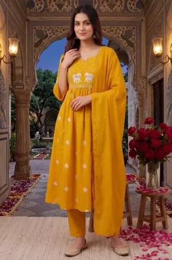 elephant embroidery bandhani kurti set with dupatta