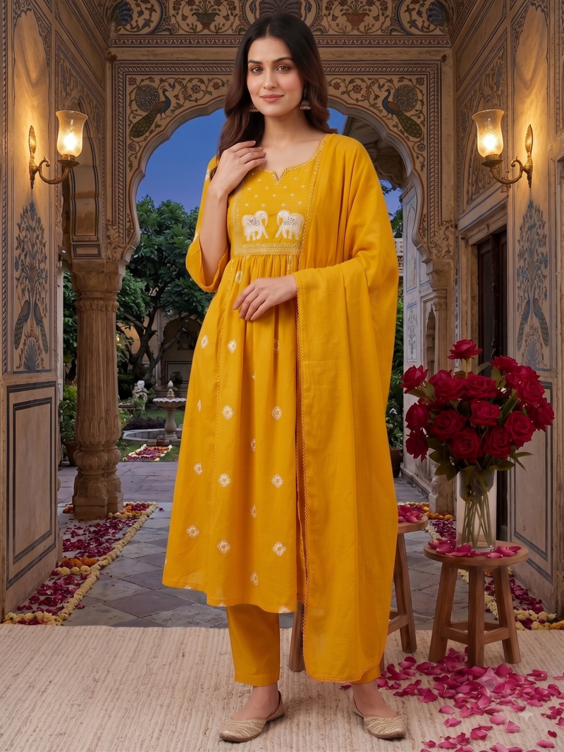 elephant embroidery bandhani kurti set with dupatta