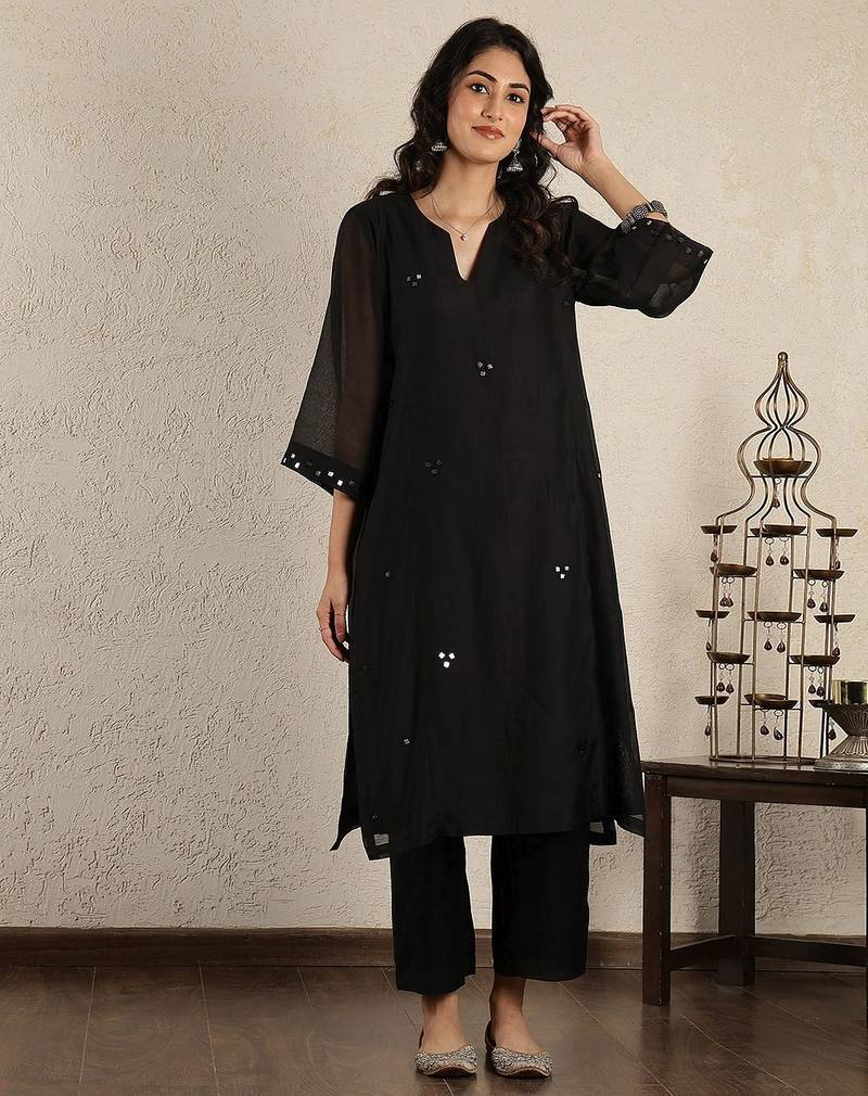 Black mirror work  a-line kali chanderi suit- set of 2