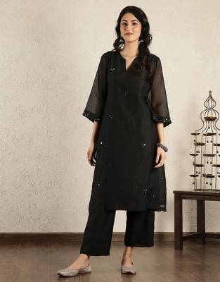 Black mirror work  a-line kali chanderi suit- set of 2 2