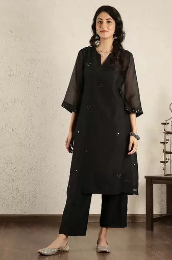 Black mirror work  a-line kali chanderi suit- set of 2