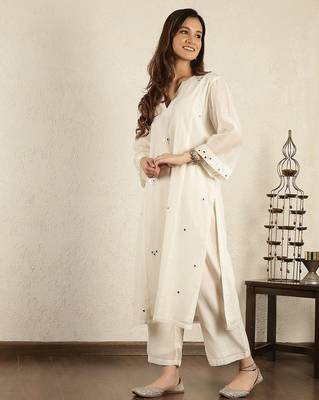 Off- white mirror work a-line kali chanderi suit- set of 2 1