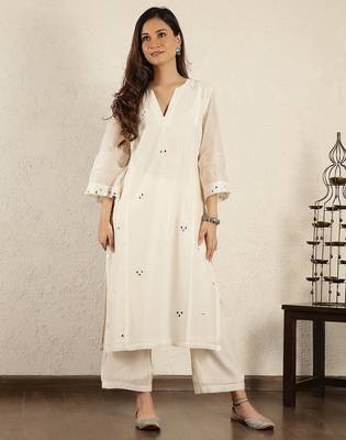Off- white mirror work a-line kali chanderi suit- set of 2 2