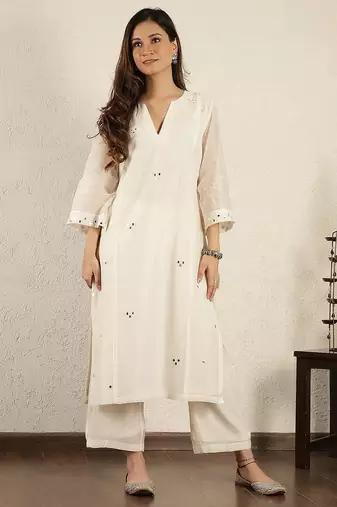 Off- white mirror work a-line kali chanderi suit- set of 2