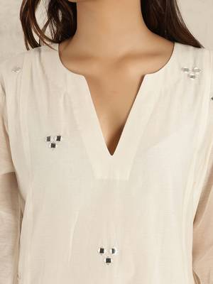 Off- white mirror work a-line kali chanderi suit- set of 2 3
