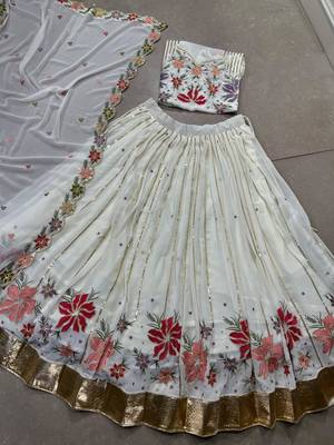 Women's white Georgette With Thread Embroidery Lehenga Choli  6