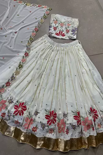 Women's white Georgette With Thread Embroidery Lehenga Choli 