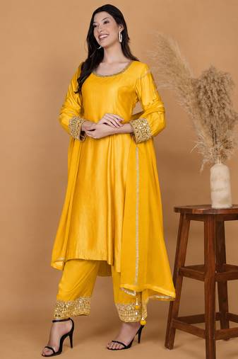 Yellow mustard self katan kurta and pant with mirror work and georggette dupatta