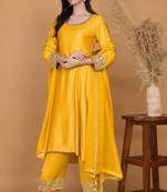 Yellow mustard self katan kurta and pant with mirror work and georggette dupatta