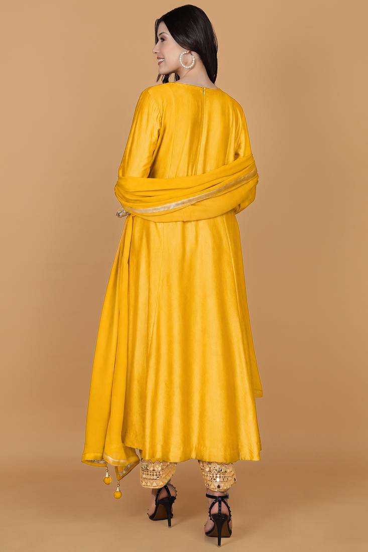 Yellow mustard self katan kurta and pant with mirror work and georggette dupatta