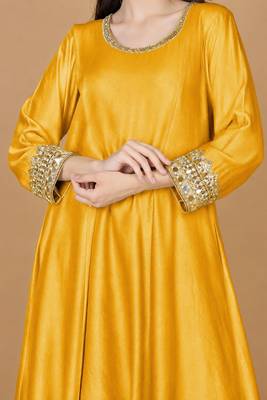 Yellow mustard self katan kurta and pant with mirror work and georggette dupatta 3
