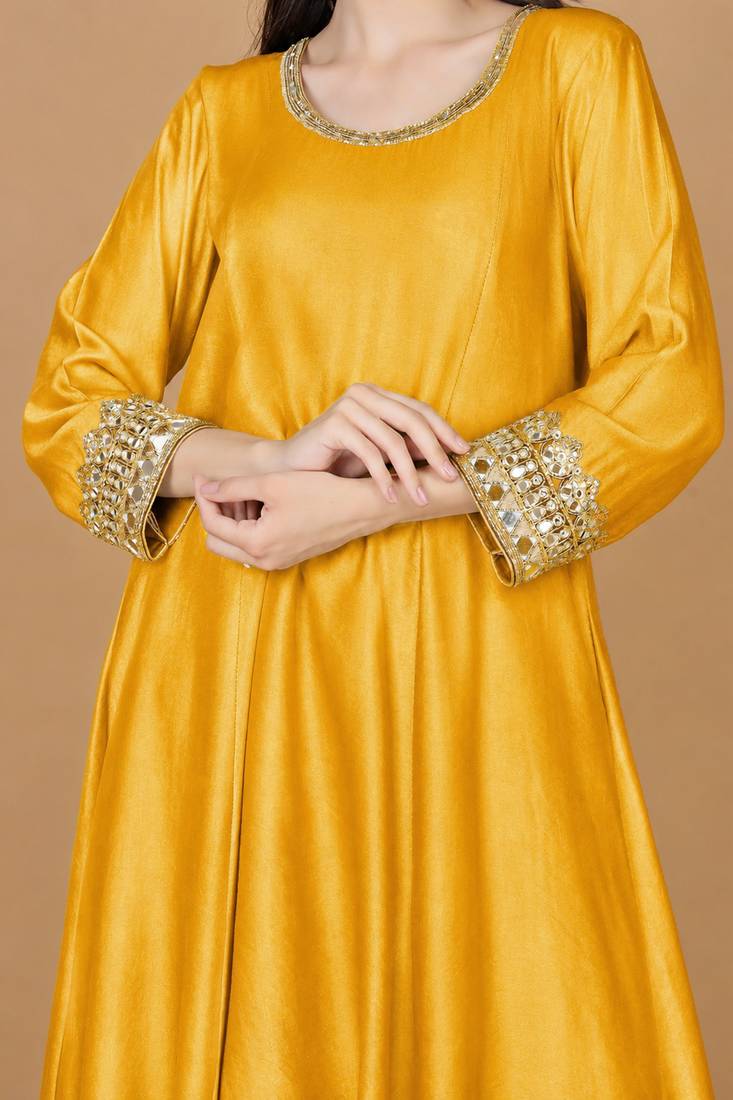 Yellow mustard self katan kurta and pant with mirror work and georggette dupatta