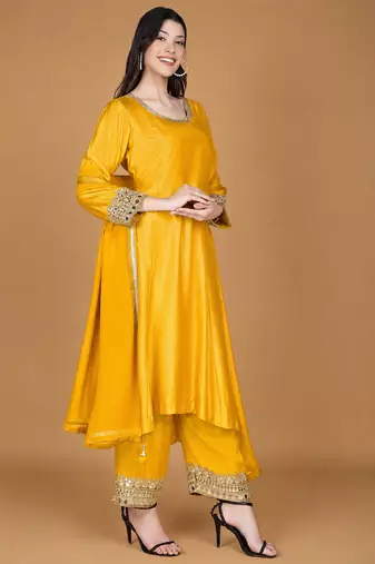 Yellow mustard self katan kurta and pant with mirror work and georggette dupatta