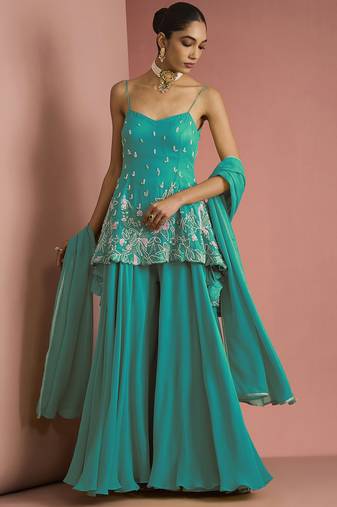 Sea  green crepe bead work sharara set