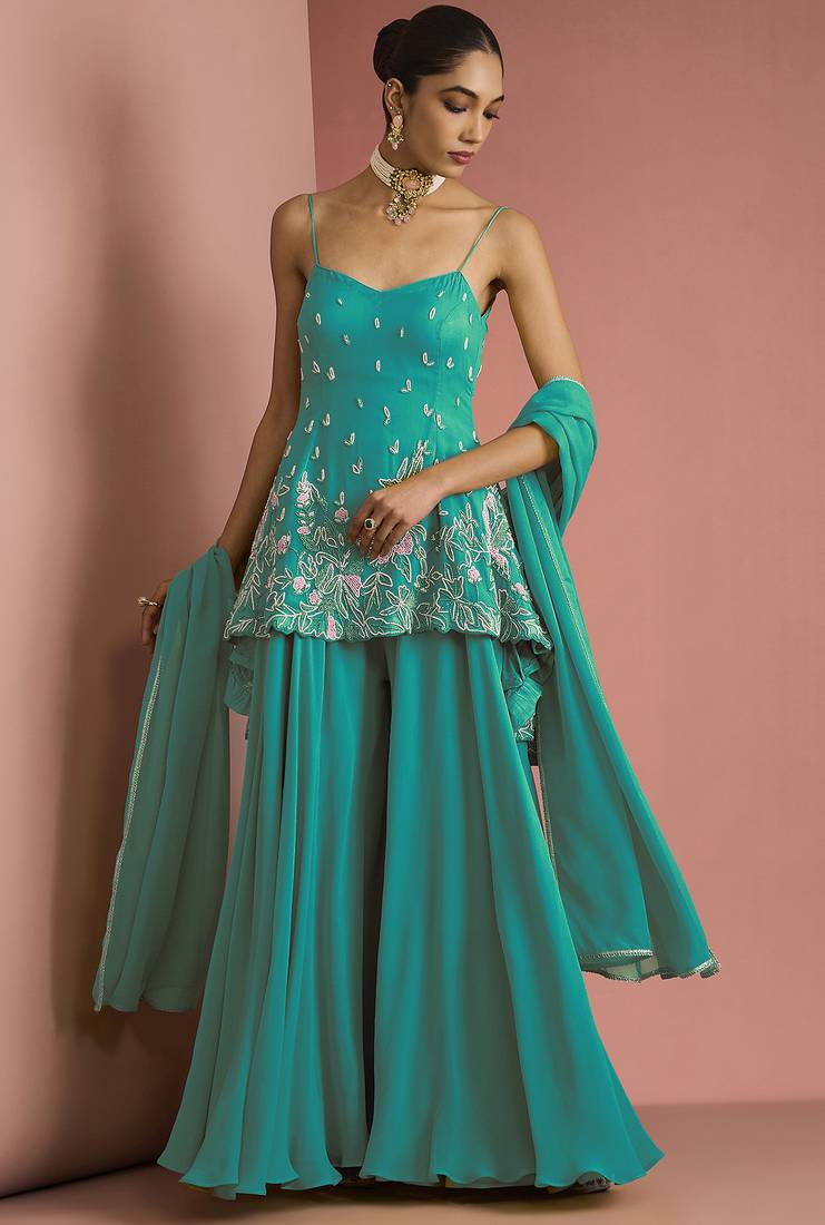 Sea  green crepe bead work sharara set