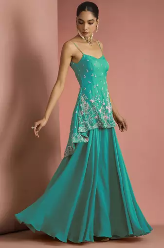 Sea  green crepe bead work sharara set