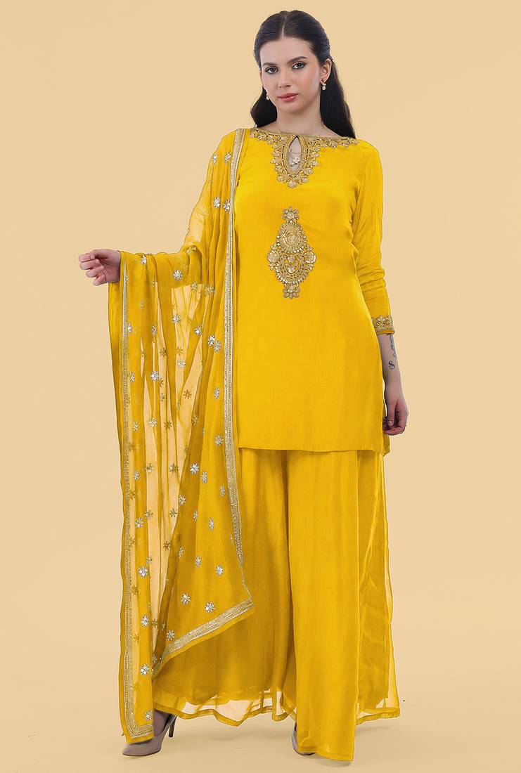 Yellow crepe kurta sharara set