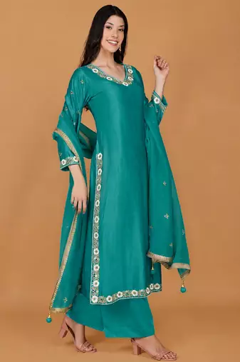 Teal self katan kurta pant set with cutdana pearl mirror embroiderey and dupatta