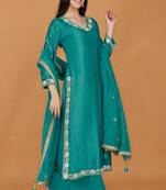 Teal self katan kurta pant set with cutdana pearl mirror embroiderey and dupatta
