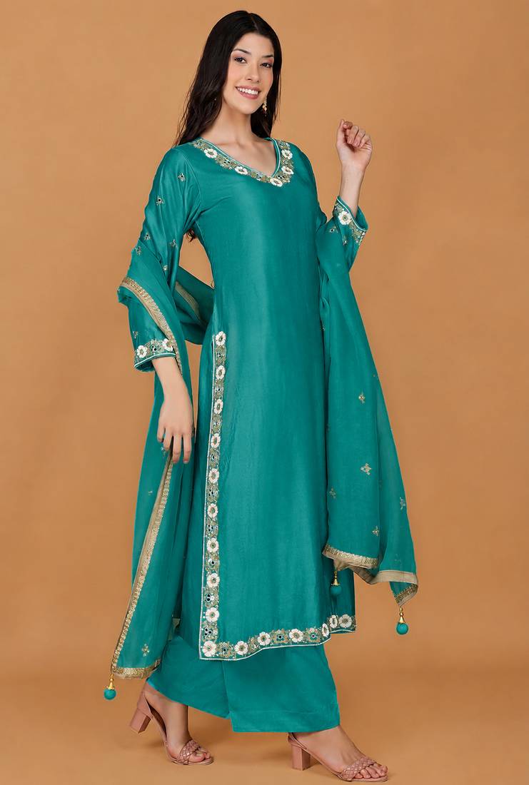Teal self katan kurta pant set with cutdana pearl mirror embroiderey and dupatta