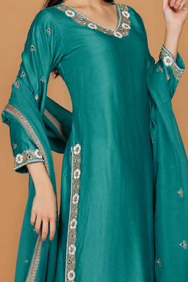 Teal self katan kurta pant set with cutdana pearl mirror embroiderey and dupatta 2