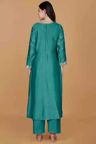 Teal self katan kurta pant set with cutdana pearl mirror embroiderey and dupatta