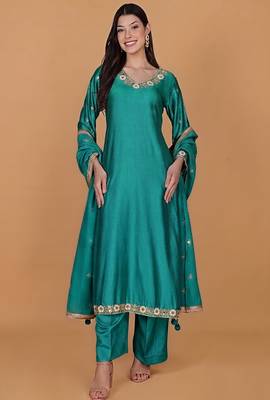 Teal self katan kurta pant set with cutdana pearl mirror embroiderey and dupatta 4