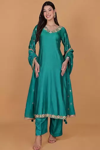 Teal self katan kurta pant set with cutdana pearl mirror embroiderey and dupatta