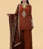 Brown crepe kurta sharara set with hand embroidery