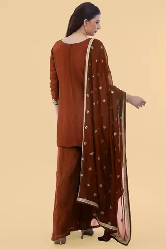 Brown crepe kurta sharara set with hand embroidery